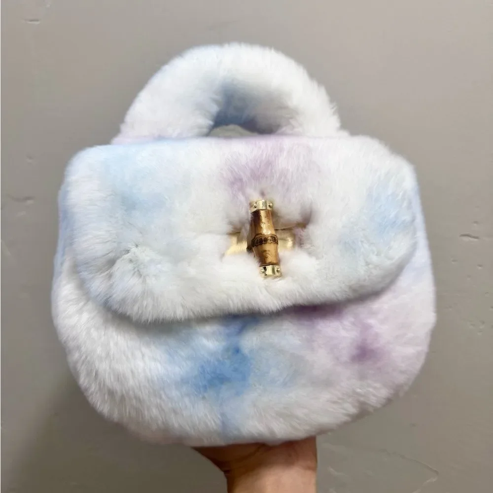 Stunning Real Rex Rabbit Fur Handmade Top Handle Bag &  Fur Balls Bag Charm